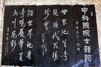 中国科学院李延栋等两位院士现场对“亡共石”进行科学鉴定后亲笔题词。（网络图片）