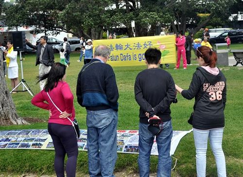 游客在图片前驻足，认真阅读，了解法轮功真相