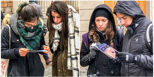 图5：人们被传统的打坐修炼的功法所吸引，当场站在活动现场认真的阅读法轮功传单。