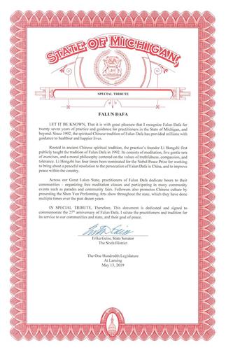 '图10：自密西根州第六选区的州参议员艾丽卡·格斯（Erika Geiss）的褒奖信'