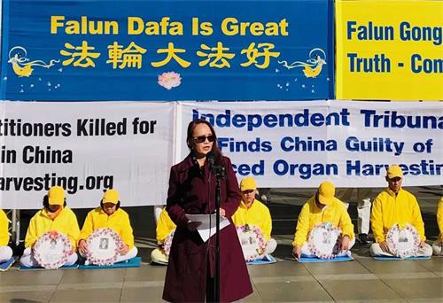 '图9：澳洲华裔律师和大律师王莉（Leigh Wang）在集会上发言'