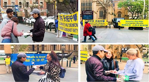 '图10：法轮功学员在悉尼市政厅广场打横幅、讲真相，征集请愿书签名'