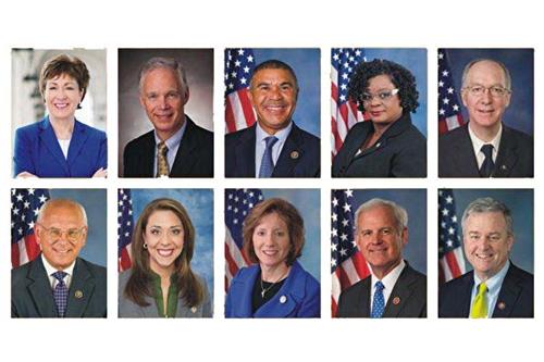 '图1：第一排从左至右：美国参议员苏珊·柯林斯（Susan Collins）、罗恩·约翰逊（Ron Johnson），美国众议员威廉·拉齐·克莱（William Lacy Clay）、格温·穆尔（Gwen Moore）、比尔·福斯特（Bill Foster）；第二排从左至右：美国众议员保罗·唐考（Paul Tonko）、洁米·赫雷拉·布特勒（Jaime Herrera Beutler）、维琪·哈茨勒（Vicky Hartzler）、布拉德利·伯恩（Bradley Byrne）、戴维·特朗（David Trone）。'