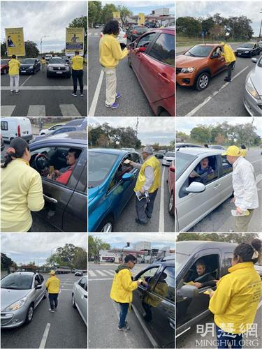 '图10：学员们向过往车辆发放传单并快速地讲真相'