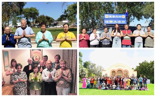 图2：墨尔本越南裔法轮功学员、东南区炼功点学员、西人学法小组学员、真相车队大法弟子恭祝师尊过年好。
