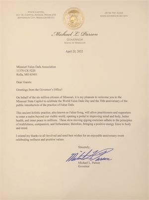 图1：美国密苏里州长迈克尔·派森的贺信