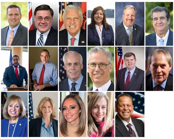 '图1：第一排从左至右：橙县县长史蒂文·纽豪斯；苏福克县县长爱德华·罗梅恩；拿骚县县长布鲁斯·布莱克；达奇斯县县长苏·塞里诺；橙县地方检察官大卫·胡夫；'